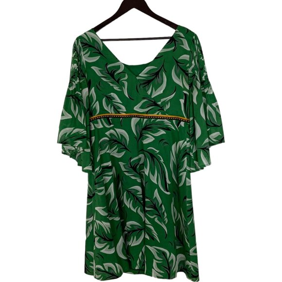Anthropologie Vanessa Virginia Musa Dress 8 Green Tropical Mini Flare Sleeve - Picture 2 of 12